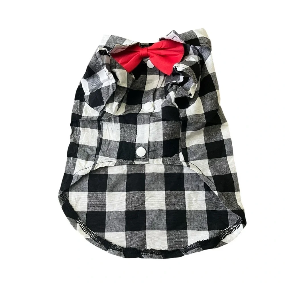 NWOT Stylish Black and White Checkered Dog Shirt with Red Bow Tie Size M